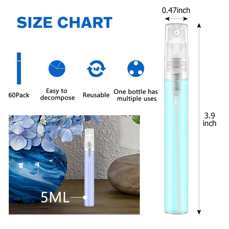 Csdtylh Mini Spray Bottle, Clear Plastic Empty Sample Containers, Fine Mist Perfume Travel Refillable Spray Bottle Perfume Atomizer Small Portable Bottle for Cleaning, Travel, Essential Oils (60, 5ml) - Image 2